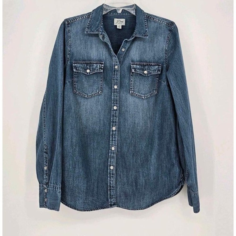 J. Crew Denim Med Wash Shirt Snap Front Long Sleeve w/Pockets Womens Top Sz 14T